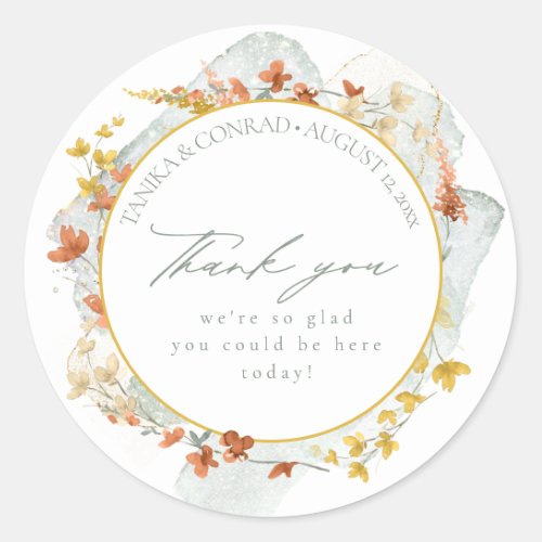 Wildflower Wedding Watercolor Thank You Gold ID954 Classic Round Sticker
