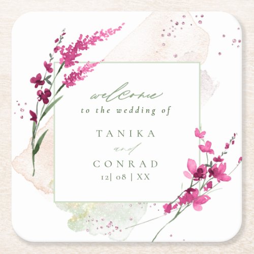 Wildflower Wedding Watercolor Welcome Fsia ID954 Square Paper Coaster