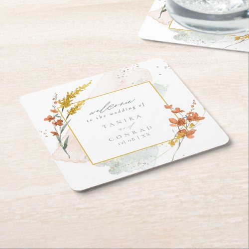 Wildflower Wedding Watercolor Welcome Gold ID954  Square Paper Coaster