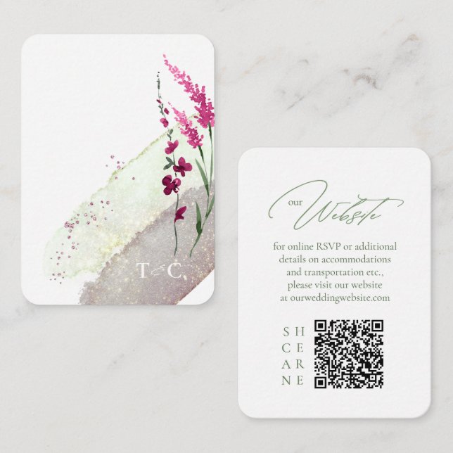Wildflower Wedding Website QR Code Fuchsia ID954 Enclosure Card (Front/Back)