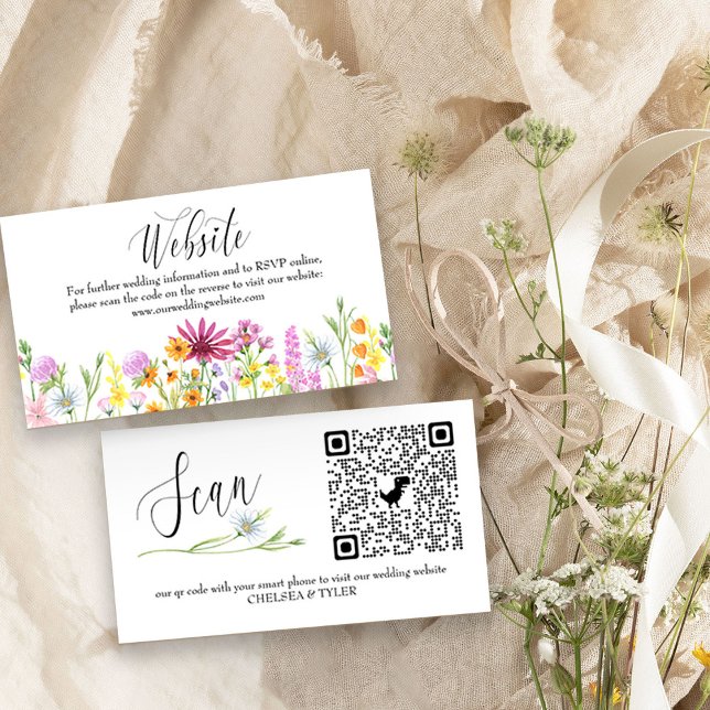 Wildflower Wedding Website QR Code Online RSVP Enclosure Card (qr code wedding rsvp cards with pretty wildflower floral border and elegant calligraphy)