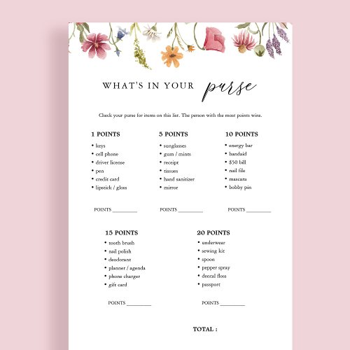 Wildflower Whats In Your Purse Bridal Game