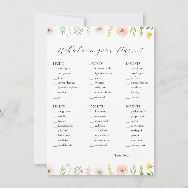 Wildflower What's in Your Purse Bridal Game Card (Front)
