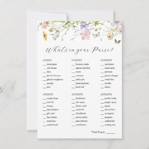 Wildflower Whats in Your Purse Bridal Game Card