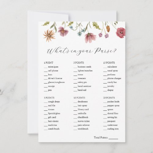 Wildflower Whats in Your Purse Bridal Game Card