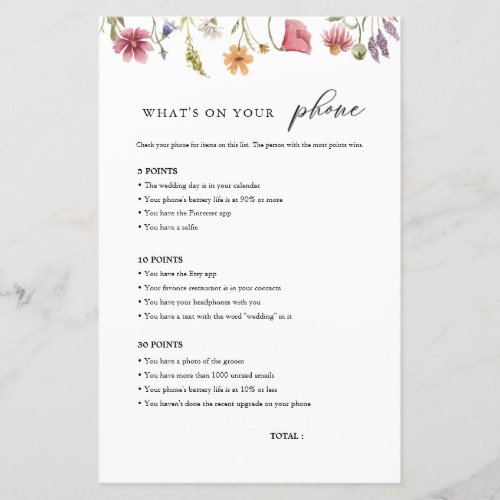 Wildflower Whats On Your Phone Bridal Shower Game