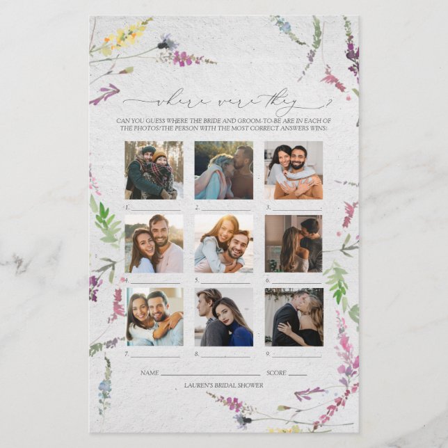 Wildflower Where Were They Bridal Shower Game (Front)