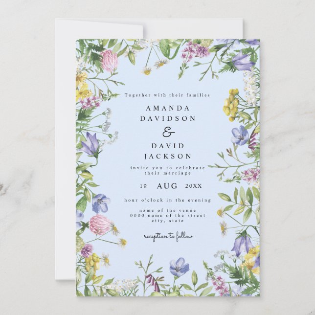 Wildflower Whimsical Garden Blue Rustic Wedding Invitation (Front)