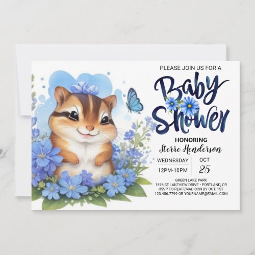 Wildflower Whirlwind Chipmunk Blue Boy Baby Shower Invitation