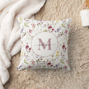 Wildflower White Mauve Monogram Gift Throw Pillow