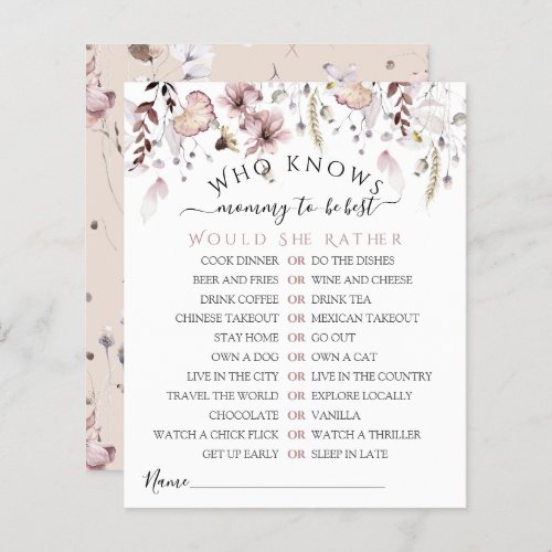 Wildflower Who knows mom best Baby Shower Game