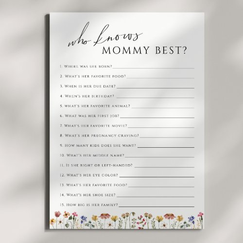 Wildflower Who Knows Mommy Baby Shower Game Card