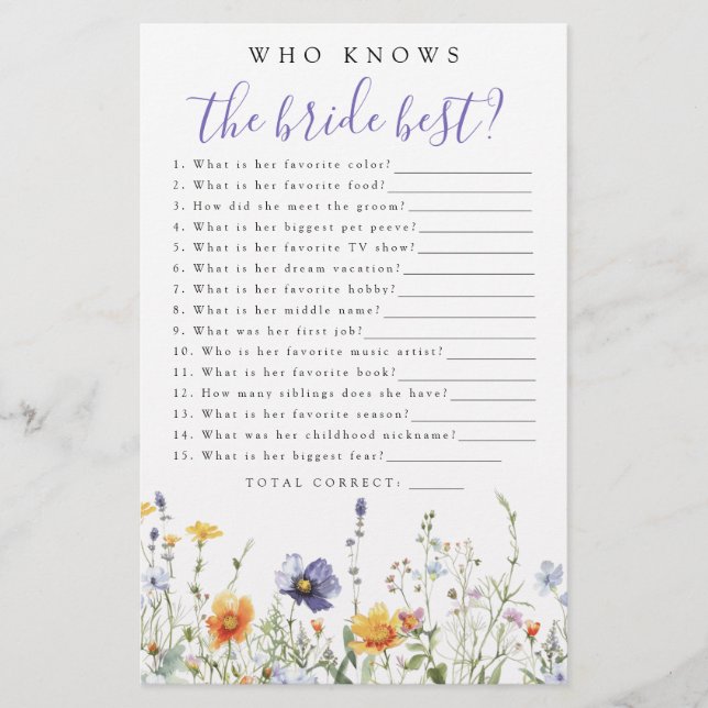 Wildflower Who Knows the Bride Best Party Game (Front)