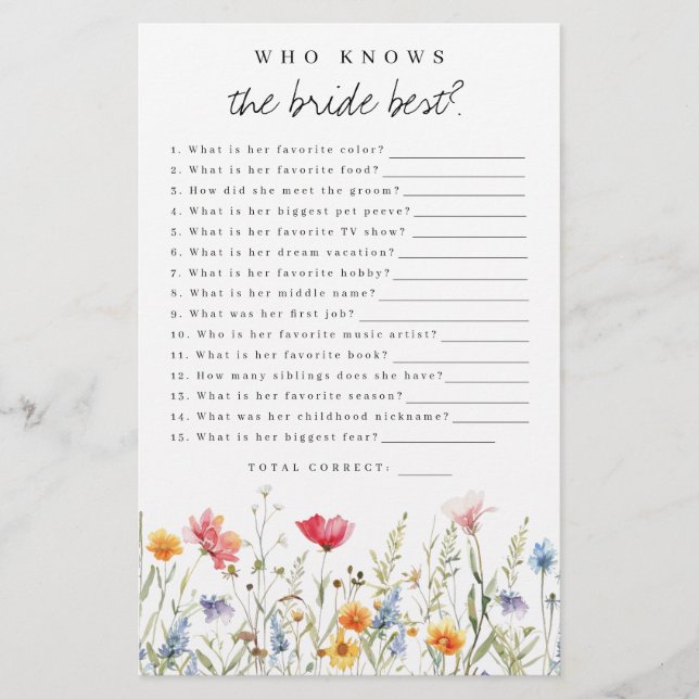 Wildflower Who Knows the Bride Best Shower Game (Front)