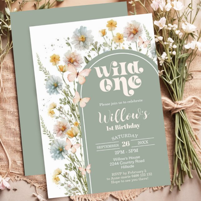 Wildflower Wild One Birthday Invitation Boho Sage (Boho Wildflower Wild One 1st Birthday Invitation)