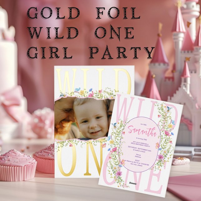 Wildflower Wild One Boho Girl Photo 1st Birthday Foil Invitation (Wildflower Wild One Boho Girl Photo 1st (Any Age) Kids Pink Birthday Foil Invitation)
