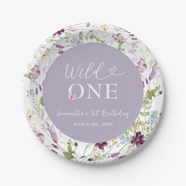 Wildflower Wild ONE Butterfly Garden Party Paper Plates (Front)