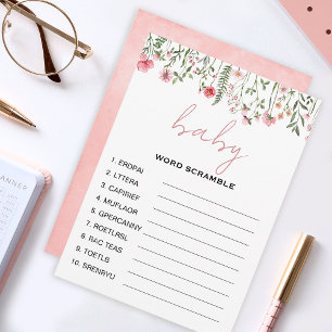 Wildflower word scramble baby shower games advice card