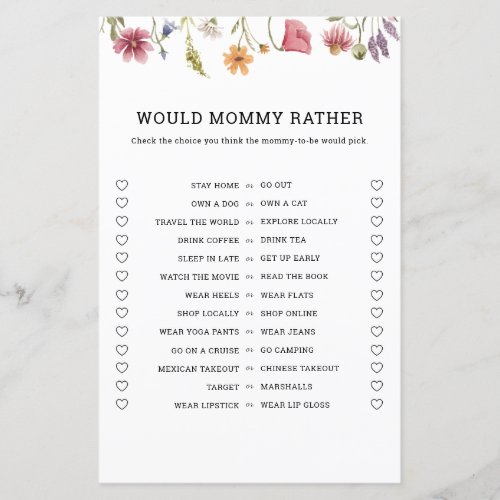 Wildflower Would Mommy Rather Baby Shower Game