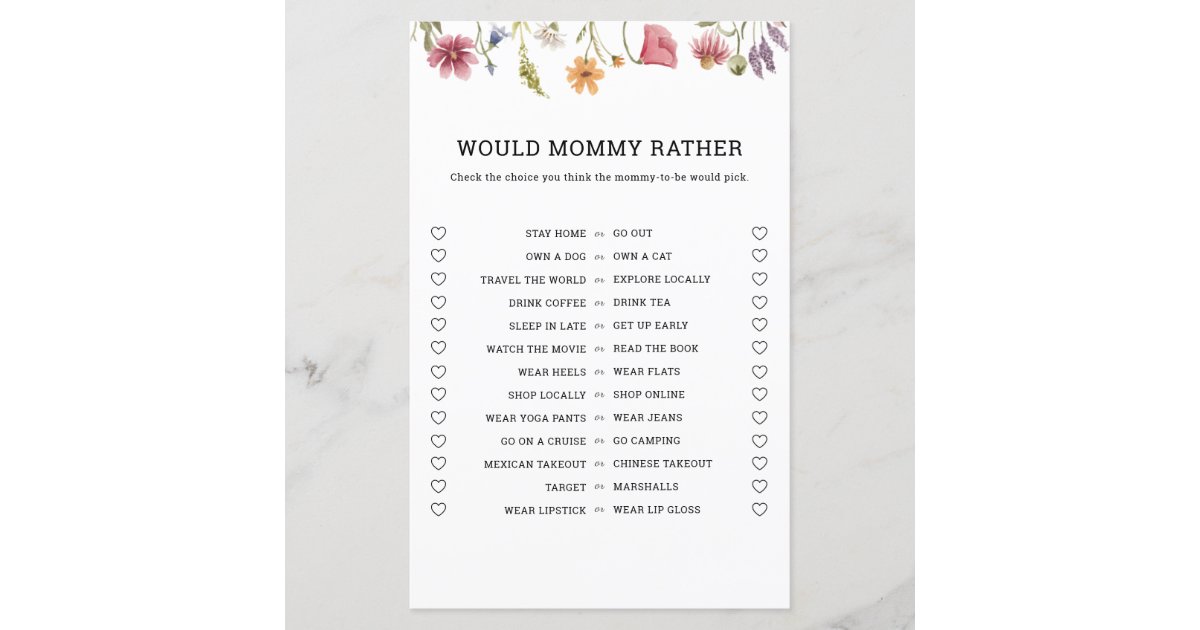 Wildflower Would Mommy Rather Baby Shower Game