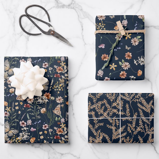 Wildflower Wrapping Paper (Boho Navy Blue Wildflower Wrapping Paper by Painted Paperie
)