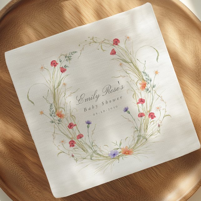 Wildflower Wreath-Baby in Bloom Baby Shower Party Napkins (Wildflower Meadows-Baby in bloom-botanical garden baby girl shower in spring.)