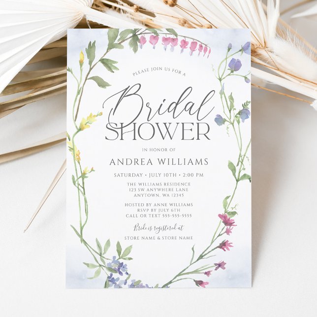 Wildflower Wreath Blue Watercolor Bridal Shower Invitation (Creator Uploaded)
