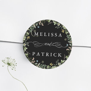 Wildflower Wreath Elegant Wedding Black Classic Round Sticker
