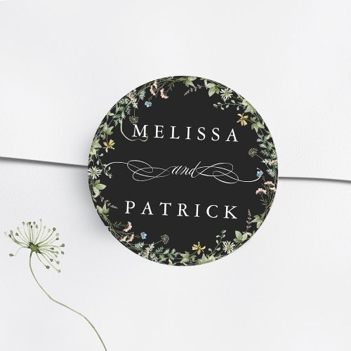 Wildflower Wreath Elegant Wedding Black Classic Round Sticker