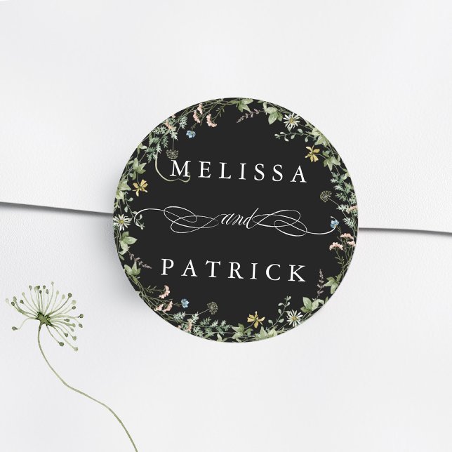 Wildflower Wreath Elegant Wedding Black Classic Round Sticker (Creator Uploaded)