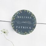 Wildflower Wreath Elegant Wedding Navy Blue Classic Round Sticker<br><div class="desc">This elegant wedding sticker features a floral wreath with hand-painted watercolor wildflowers in pink,  yellow,  and green. For more advanced customization of this design,  please click the BLUE DESIGN TOOL BUTTON above!</div>