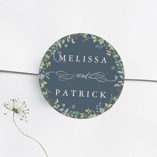 Wildflower Wreath Elegant Wedding Navy Blue Classic Round Sticker