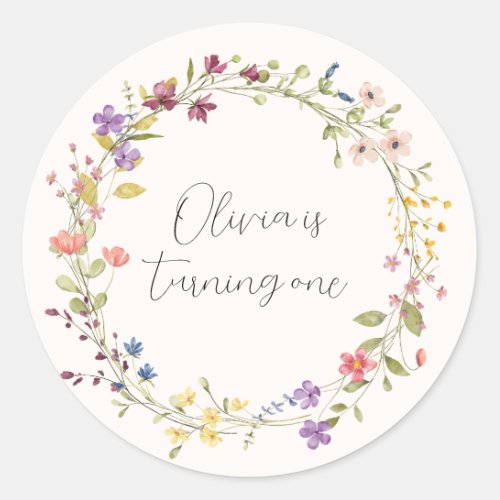 Wildflower Wreath First Birthday Party Classic Round Sticker