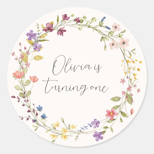Wildflower Wreath First Birthday Party Classic Round Sticker (Front)