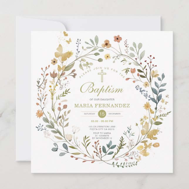 Wildflower Wreath Floral Baptism Invitation  (Front)