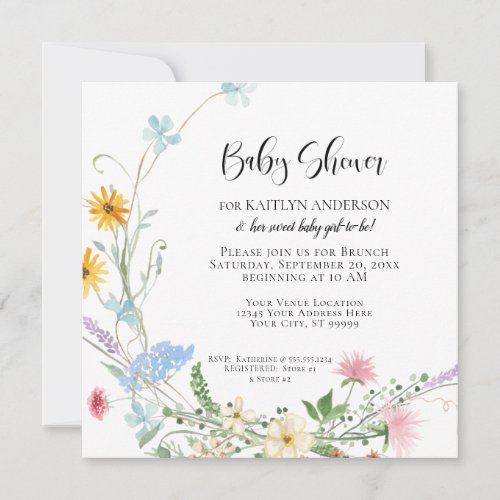 Wildflower Wreath Flowers Watercolor Baby Shower Invitation