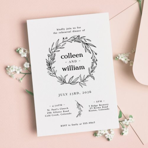 Wildflower Wreath Folk Rustic Rehearsal Dinner Invitation