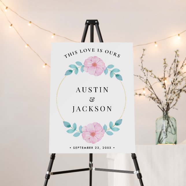 Wildflower Wreath Folk Rustic Wedding Welcome Sign (In Situ (Stand))