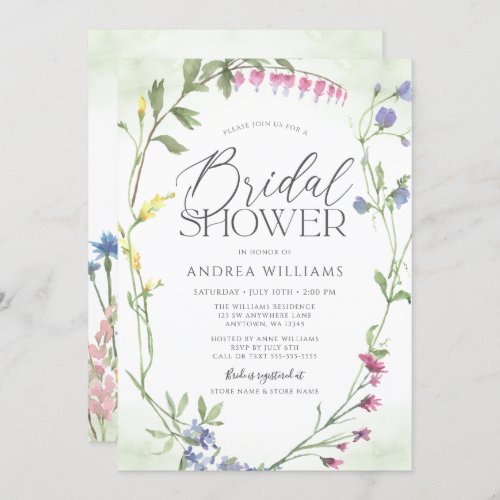 Wildflower Wreath Green Watercolor Bridal Shower Invitation