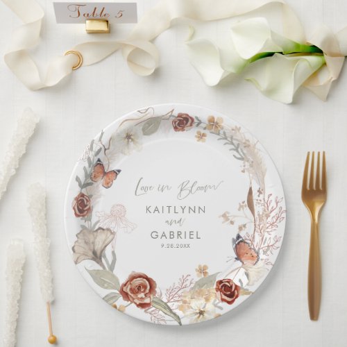 Wildflower Wreath Love in Bloom Watercolor Wedding Paper Plates