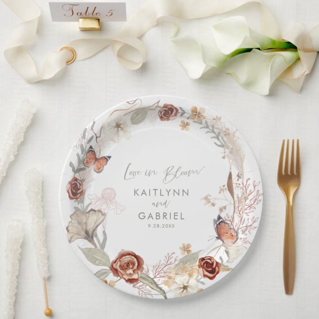 Wildflower Wreath Love in Bloom Watercolor Wedding Paper Plates (Wedding)