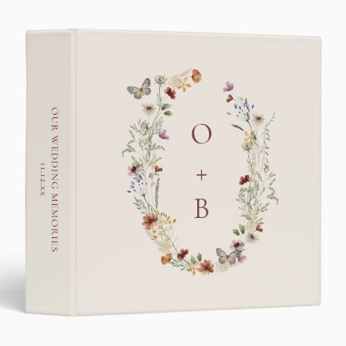 Wildflower Wreath Monogram Custom Wedding Album 3 Ring Binder