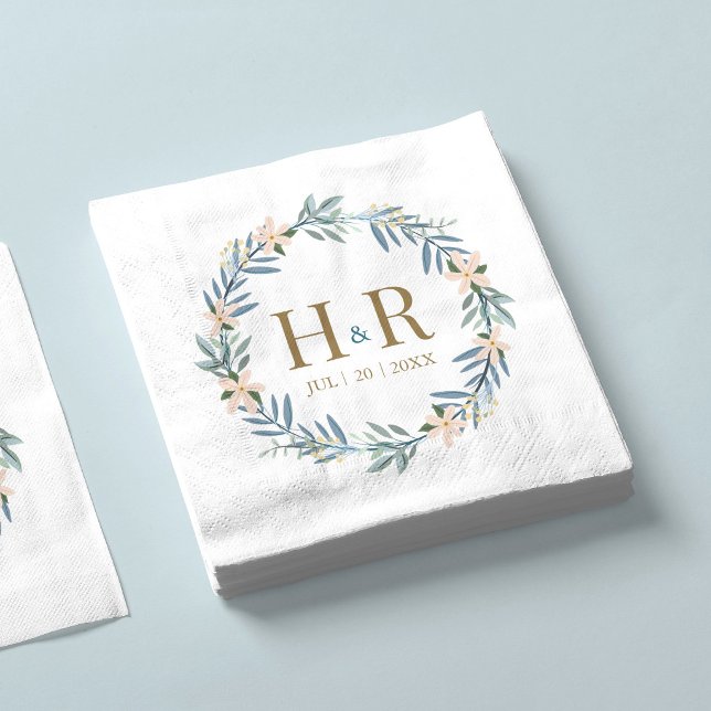 Wildflower Wreath Monogram Wedding Date Napkins (Creator Uploaded)