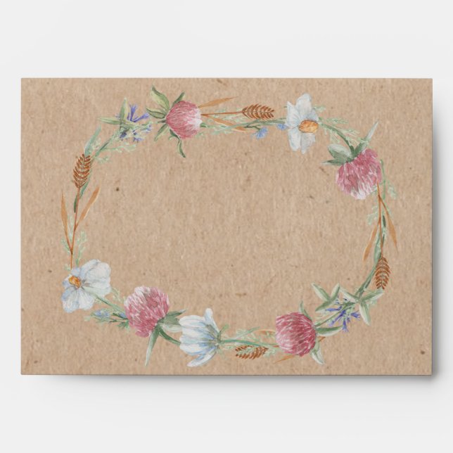 Wildflower Wreath On Kraft Country Wedding Envelope (Front)