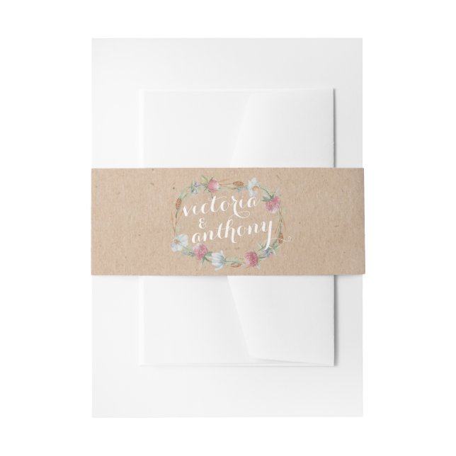 Wildflower Wreath On Kraft Country Wedding Invitation Belly Band (Front Example)