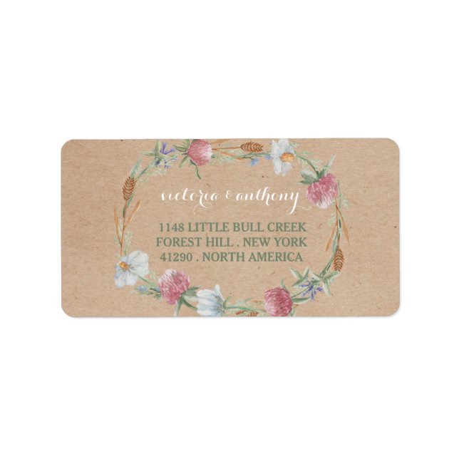 Wildflower Wreath On Kraft Country Wedding Label (Front)