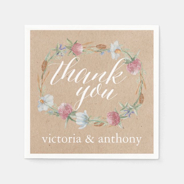 Wildflower Wreath On Kraft Country Wedding Napkins (Front)