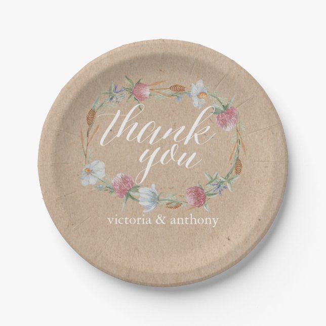 Wildflower Wreath On Kraft Country Wedding Paper Plates (Front)