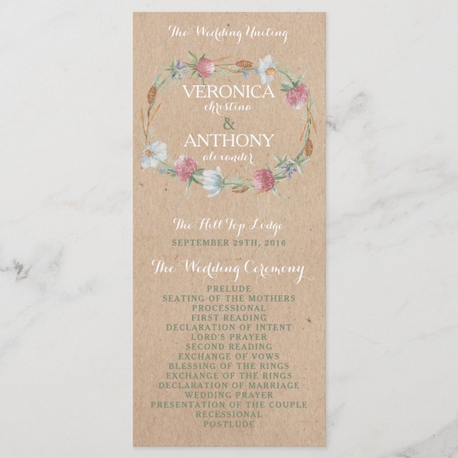 Wildflower Wreath On Kraft Country Wedding Program (Front)