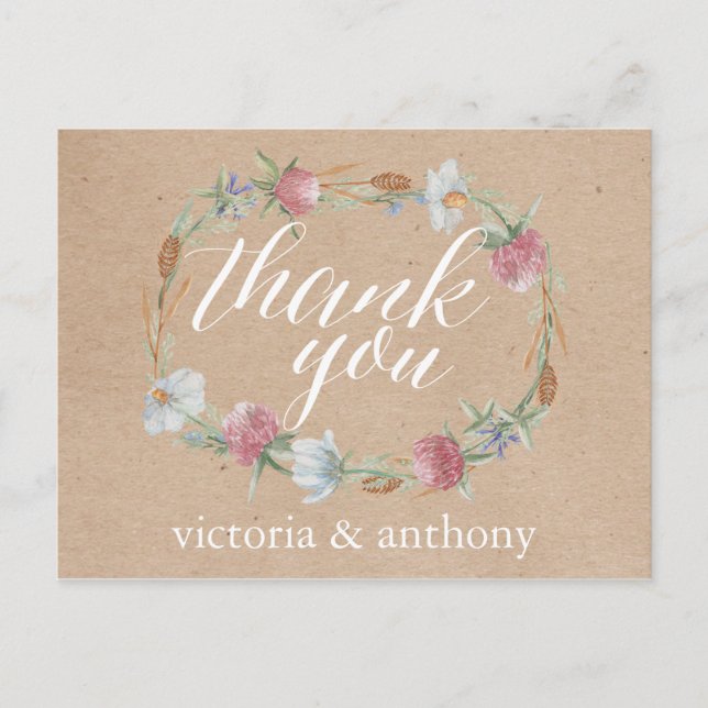 Wildflower Wreath On Kraft Country Wedding Thanks Postcard (Front)
